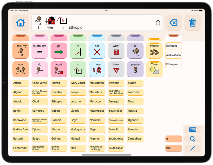 AssistiveWare Proloquo showing a list of countries