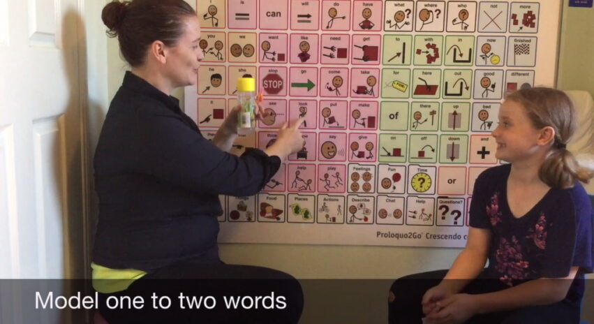 An adult modelling on a large core word board to child