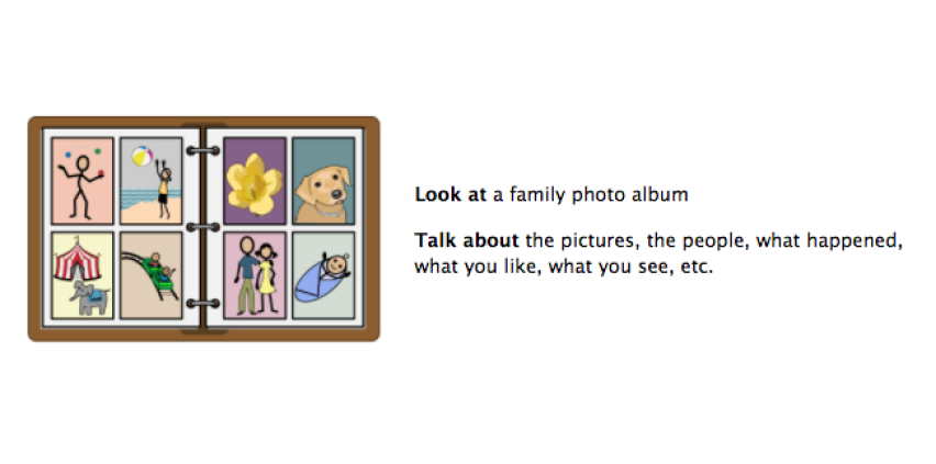 Look at a family photo album. Talk about the pictures, the people, what happened, what you like, what you see.
