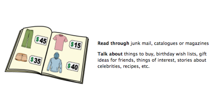 Read through junk mail, catalogues or magazines. Talk about things to buy, birthday wish lists, gift ideas, stories about celebrities.