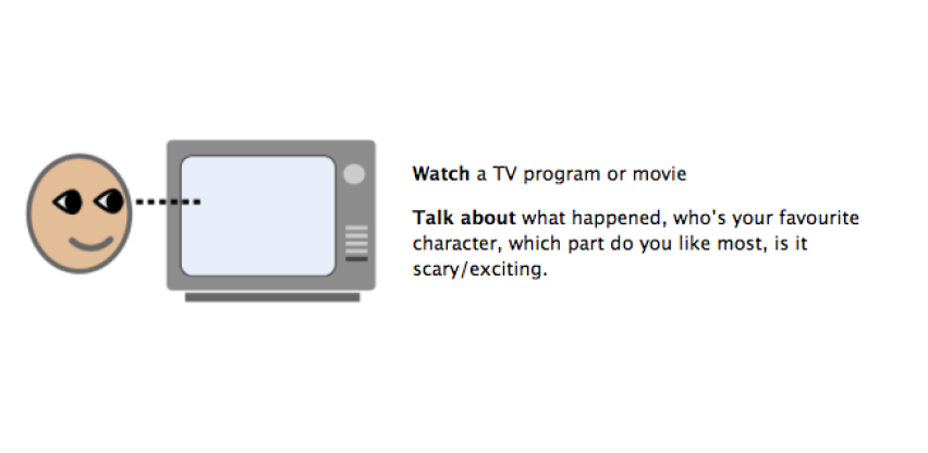 Watch a TV program or movie. Talk about what happened, who's your favorite character, which part you like most, is it scary or exciting?