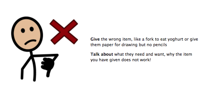 Give the wrong item, like a fork to eat yogurt or give them paper for drawing but no pencils. Talk about what they need and want, why the item you have given does not work.