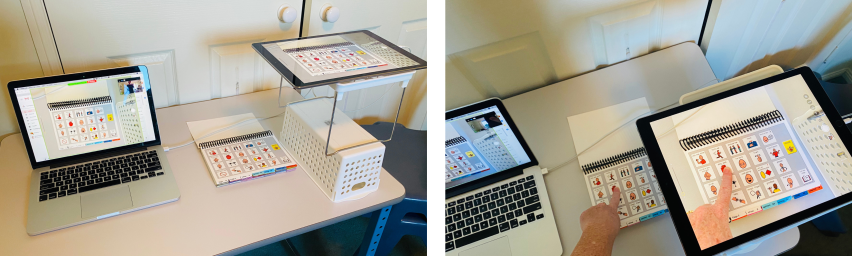 iPad balanced on shelf as document camera next to laptop