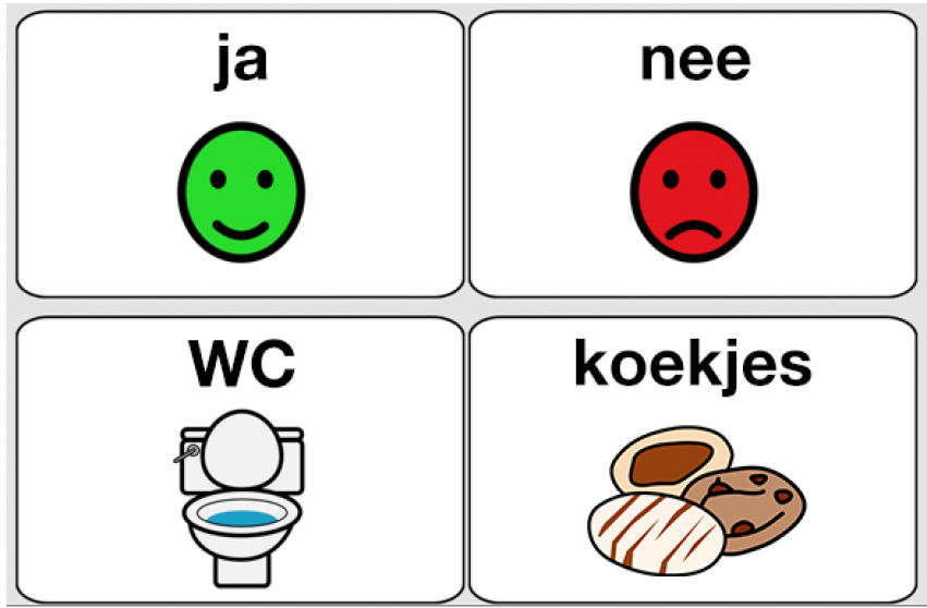 Vier pictgrammen: ja, nee, wc, koekjes