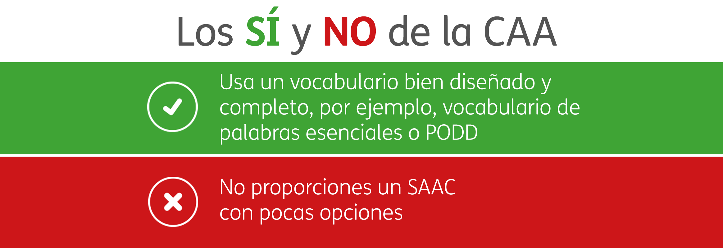 Los SÍ Y NO de la CAA. Usa un vocabulario bien diseñado y completo, por ejemplo, vocabulario de palabras esenciales o PODD. No proporciones un SAAC con pocas opciones.