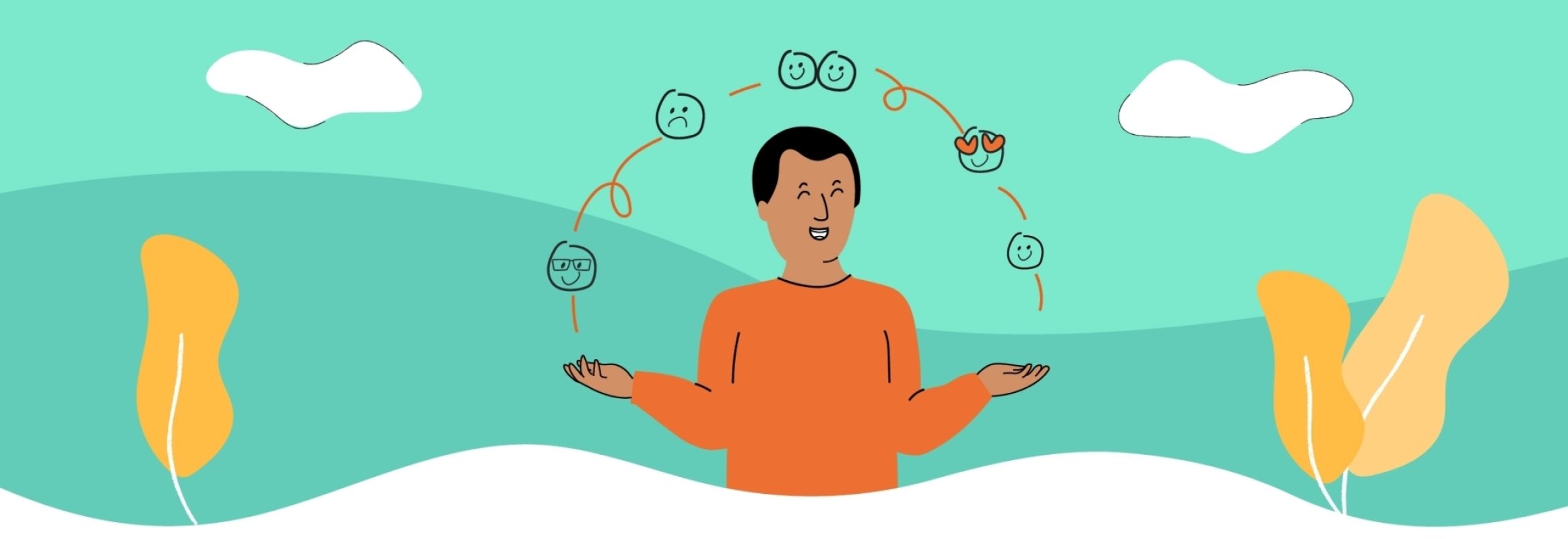 A stylized illustrated person with an orange shirt, short dark hair, brown skin, and a large smile. Their open hands display an array of smiley faces.