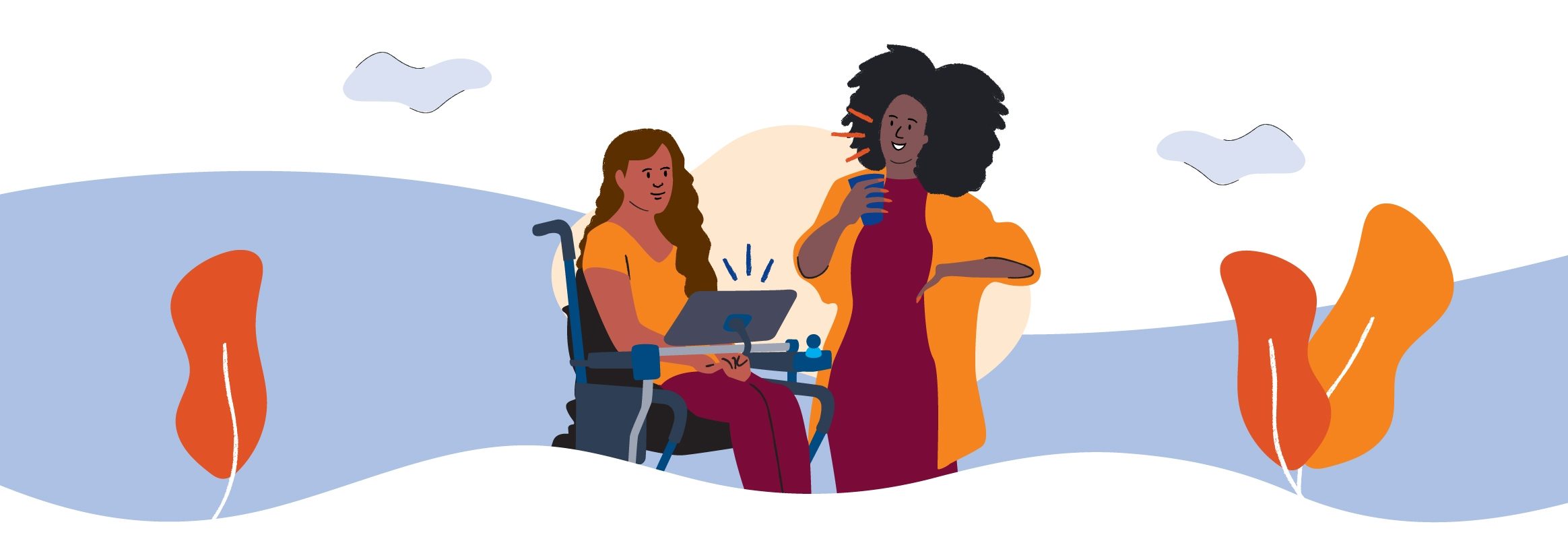 Two black women talking. One is in wheel chair using an iPad to talk. The other one is standing, chatting with the wheelchair user and holding a cup