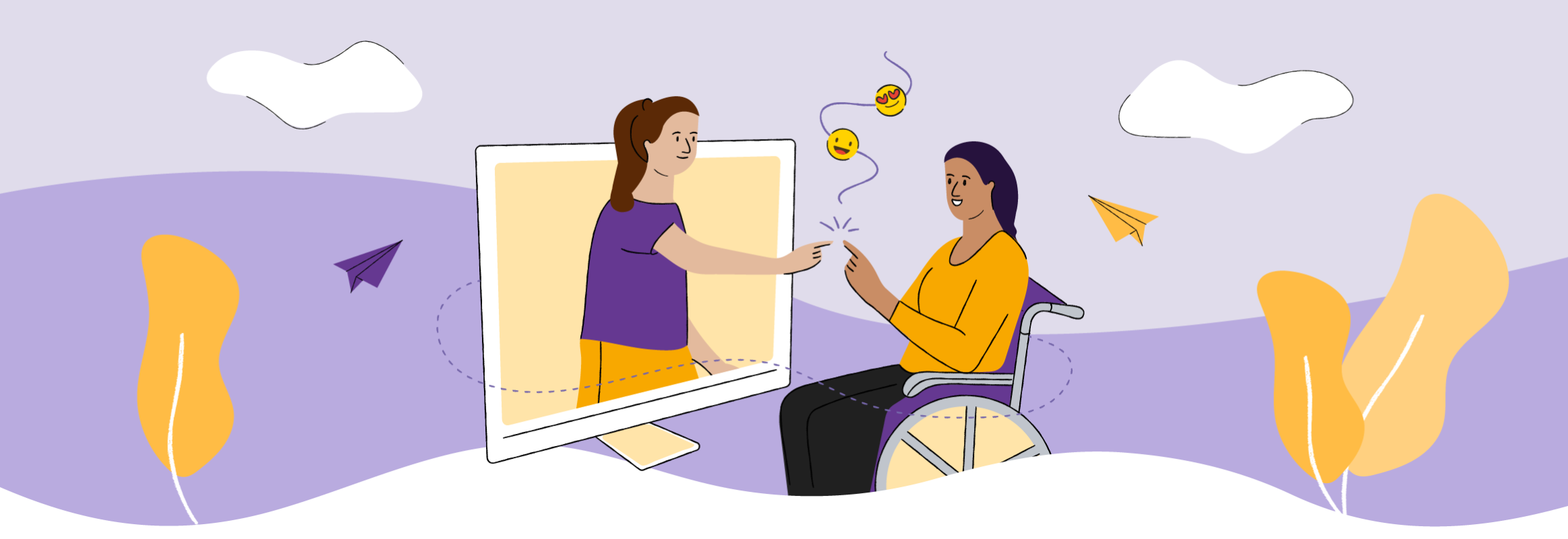 Illustration of a girl on a wheelchair reaching out to a girl coming out of the computer screen