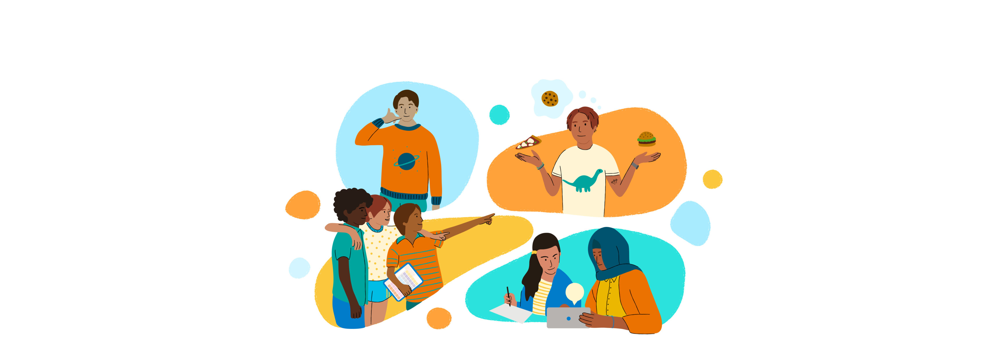 Illustration représentant divers groupes de personnes engagées dans différentes activités, avec des arrière-plans colorés et des taches de couleur.