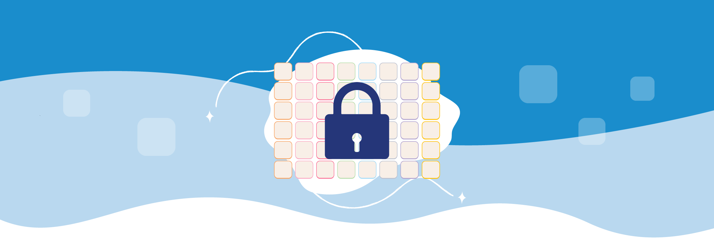 An illustration of a blue lock over an empty Proloquo grid. There is a dark blue, light blue, and white background.