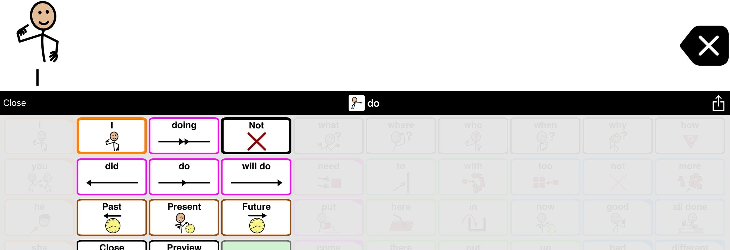 Grammar support pop-up in Proloquo2Go showing options for the verb do