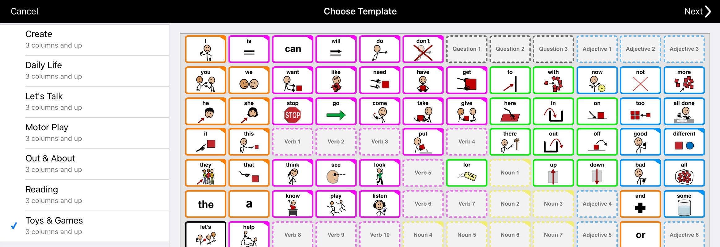 Template chooser in Proloquo2Go