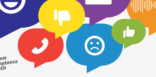 Speech bubbles with icons for Autism Acceptance Month