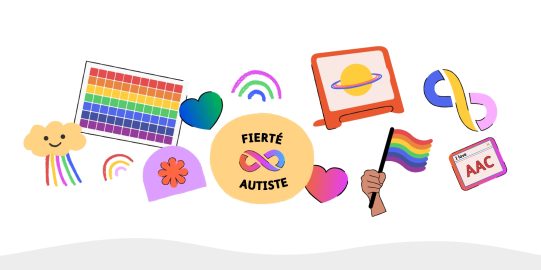 Illustration colorée célébrant la fierté autiste avec des arcs-en-ciel et des coeurs