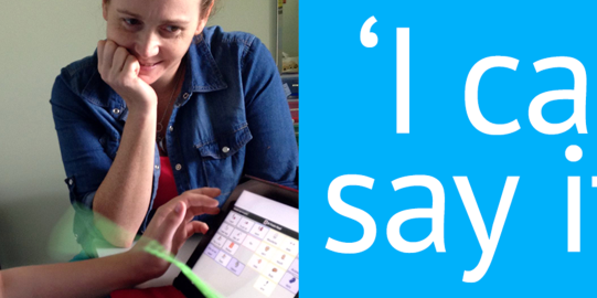 Text on the right that says I can say it and an AAC user and Amanda on the left