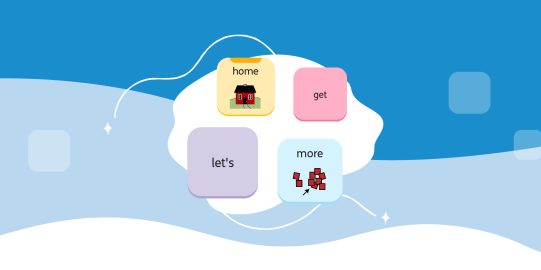 A visual of four buttons from AssistiveWare Proloquo on a blue background. 'More' and 'home' have symbols and 'get' and 'let's' have text