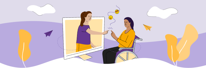 Illustration d’une fille en fauteuil roulant touchant une autre fille qui semble sortir de l’écran de l’ordinateur