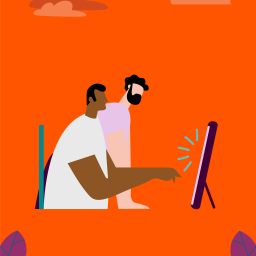 Illustration with two persons looking at a screen, the closest one points at the screen.