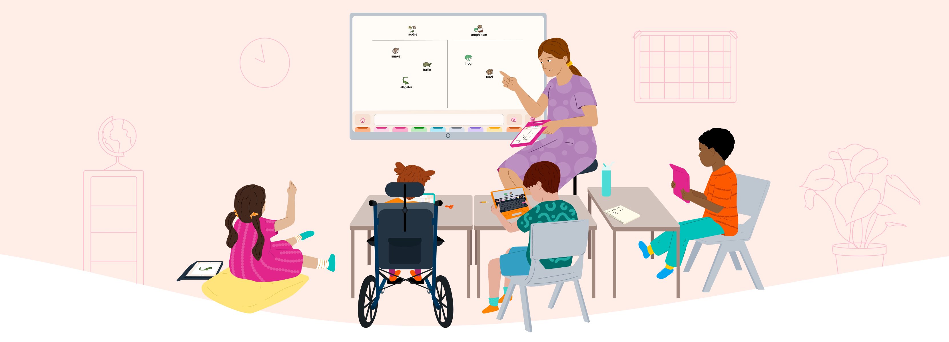 The image shows a classroom with 4 children and one teacher. They are using a variety of AssistiveWare learning service products to learn more about amphibians vs. reptiles
