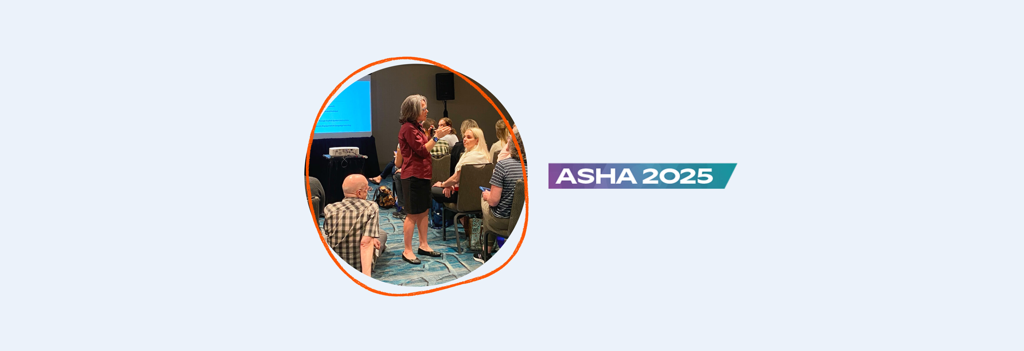 Photograph of Erin Sheldon presenting at a conference in a circle next to the ASHA logo