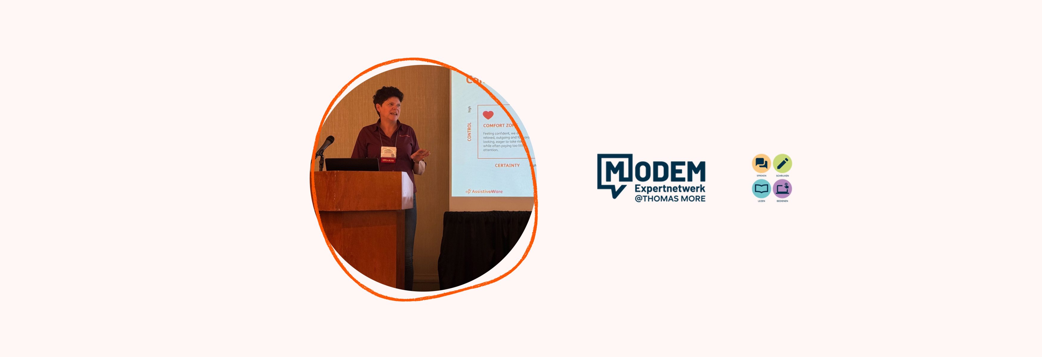 Website header image showing a photo of Barbara presenting, and the Modem logo at the right