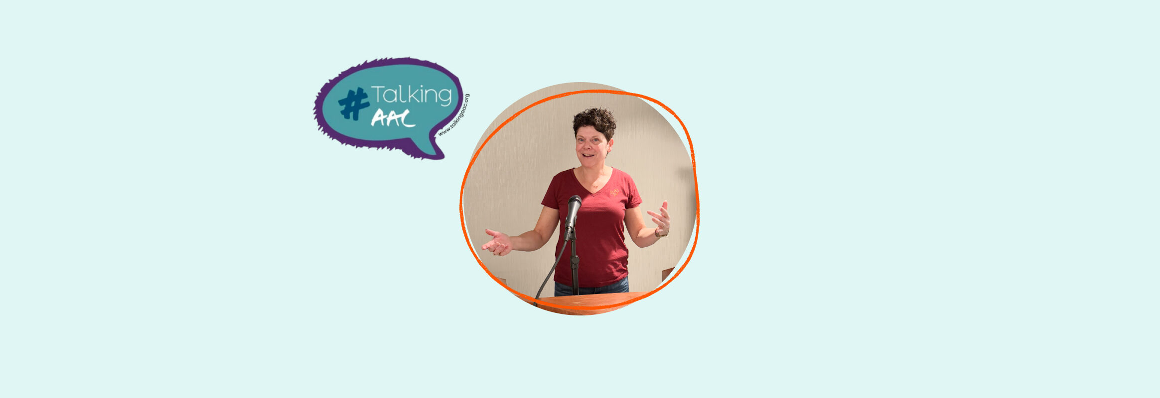 #TalkingAAC logo with a photo of Barabara mid-speech