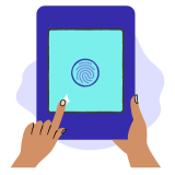 Icon of an iPad hold by hands with a fingerprint sign on it