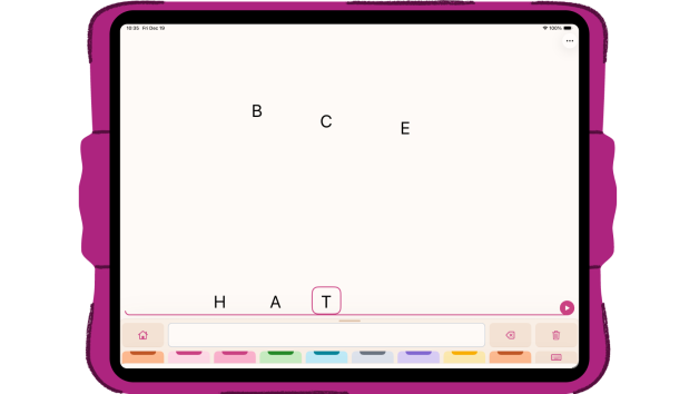 A horizontal iPad showing Smart Player in Micalo showing multiple letters showing a phonics lesson