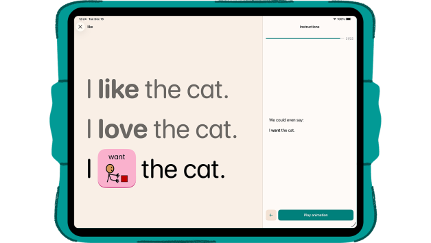 A horizontal iPad showing the teacher view of Estello of a lesson for the word and symbol want