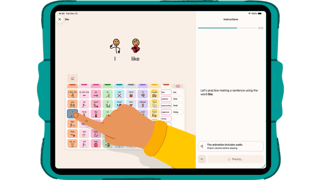 A horizontal iPad showing the teacher view of Estello of a lesson for word and symbol like showing modeling on AAC