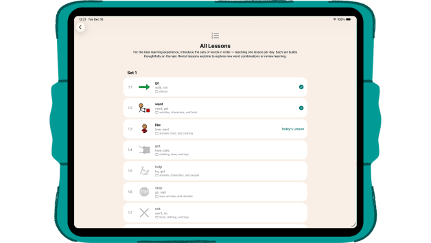 A horizontal iPad showing the teacher view of Estello of the All Lessons screen