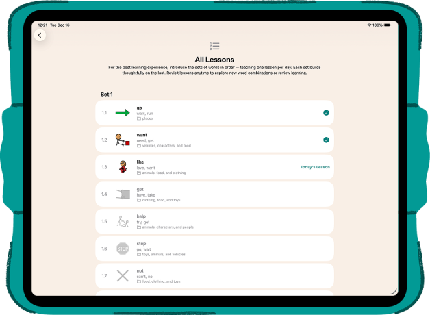 A horizontal iPad showing the teacher view of Estello of the All Lessons screen