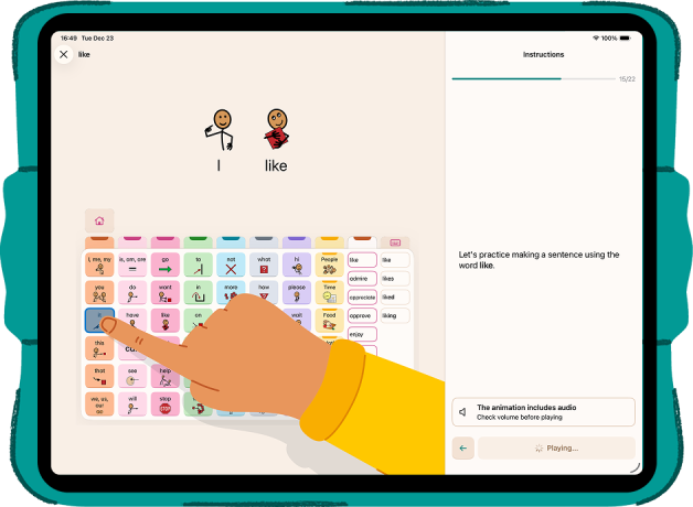 A horizontal iPad showing the teacher view of Estello of a lesson for word and symbol like showing modeling on AAC