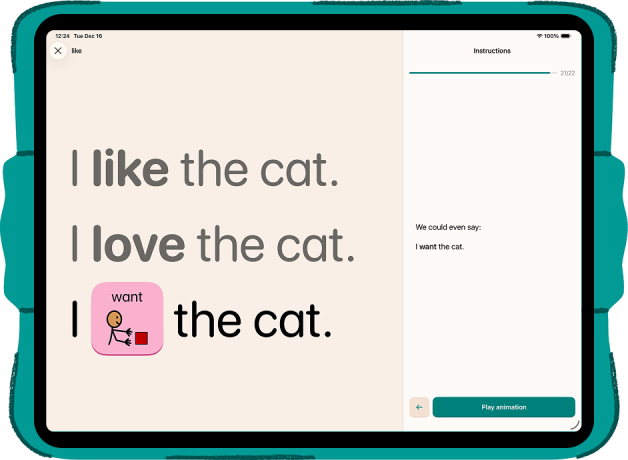 A horizontal iPad showing the teacher view of Estello of a lesson for the word and symbol want