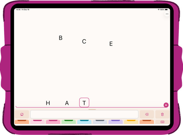 A horizontal iPad showing Smart Player in Micalo showing multiple letters showing a phonics lesson