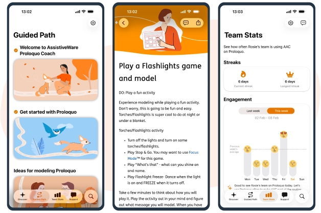Proloquo Coach screenshots of Guided Path an article and Team Stats