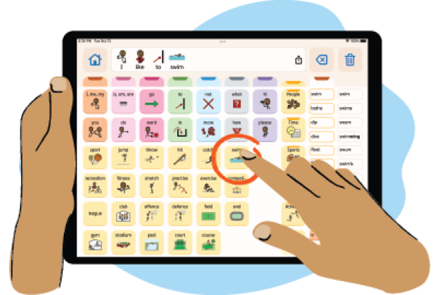 Illustration of a hand tapping a button in AssistiveWare Proloquo