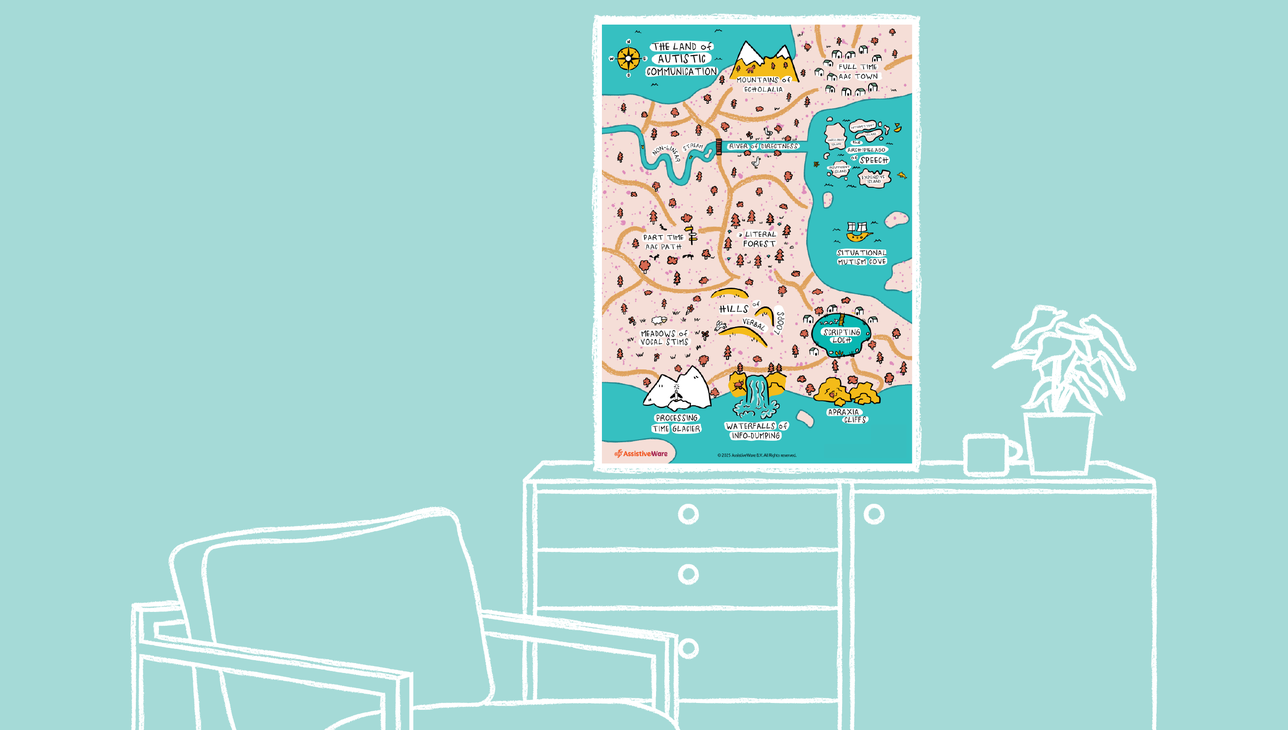 Illustration of a chair and desk with a plant, mug, and a map of The Land of Autistic Communication