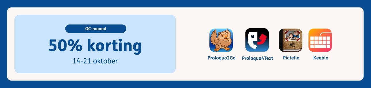 Promotieafbeelding voor OC-Maand van AssistiveWare, met 50% korting op bepaalde apps van 14 tot 21 oktober. App-pictogrammen voor Proloquo2Go, Proloquo4Text, Pictello en Keeble op een beige achtergrond met blauwe rand.