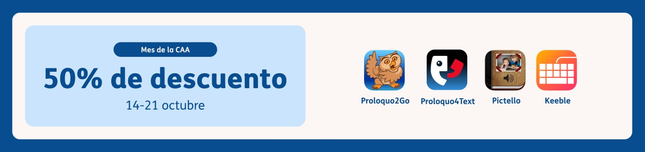 Gráfico promocional para el Mes de CAA de AssistiveWare, que ofrece un 50 % de descuento en aplicaciones seleccionadas del 14 al 21 de octubre. Iconos de las aplicaciones Proloquo2Go, Proloquo4Text, Pictello y Keeble sobre un fondo con borde azul.