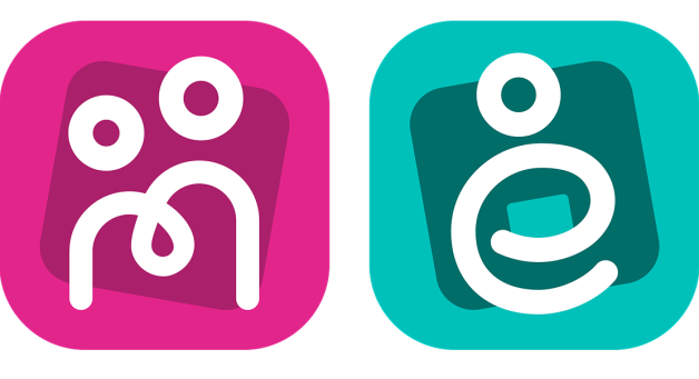 Micalo icon is on the left. It is a pink square with a white line illustration in the middle that looks like an M and a student and teacher. Estello is on the right it a teal square with an white line illustration that looks like an E as well as a teacher holding an iPad or book
