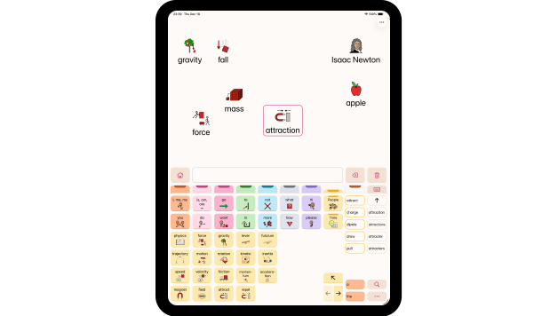 A vertical iPad showing Thinking Space in Micalo with multiple symbols showing a physics lesson