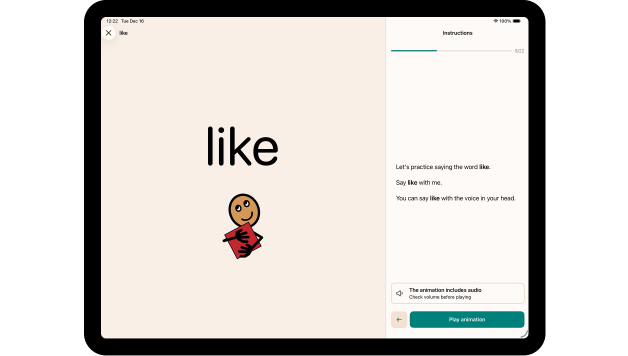 A horizontal iPad showing the teacher view of Estello of a lesson for the word and symbol like