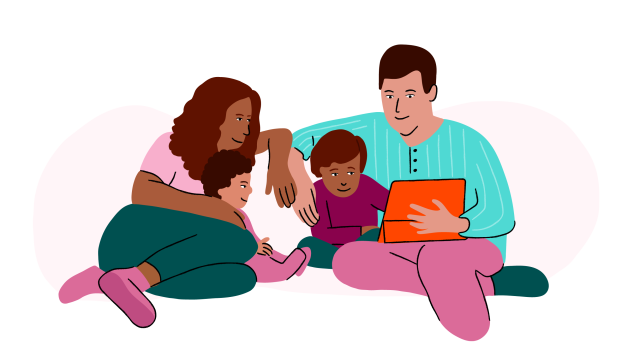 Illustration of a family sitting on a couch together. There is a mother and father and two children. The father is holding an iPad and the child is touching it