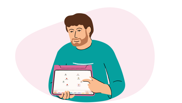 A male professional holding an iPad and showing Thinking Space in Micalo