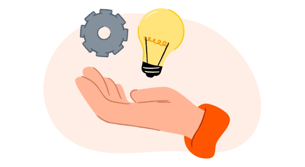 Illustration of hand with floating gear and lightbulb