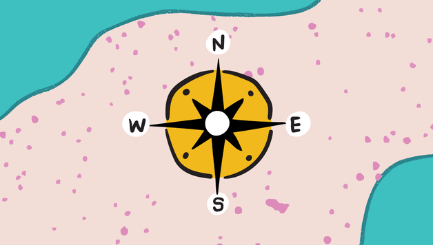 Compass illustration on a pink and teal abstract background with direction labels N, E, S, W.