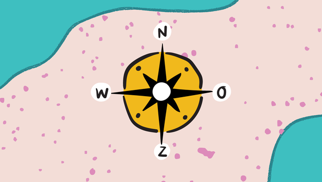 Kompasillustratie op een roze en blauwgroene abstracte achtergrond met richtingsaanduidingen N, O, Z, W.