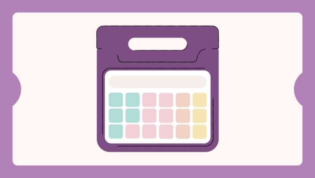 An illustration of an AAC device with pastel colors and a purple case with a purple border background.