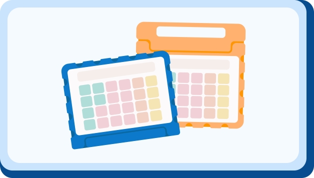 Illustration of two iPads on a blue double-border background